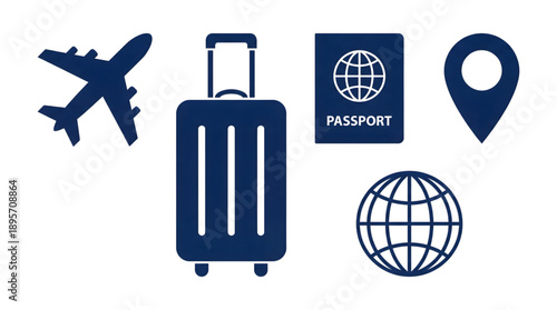 Travel and tourism flat silhouette icons set. Airplane, suitcase luggage, passport, location pin, and globe symbol.