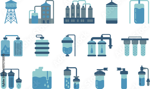 Water treatment and purification systems illustration featuring filtration tanks pipelines reservoirs industrial equipment clean water processing infrastructure technology