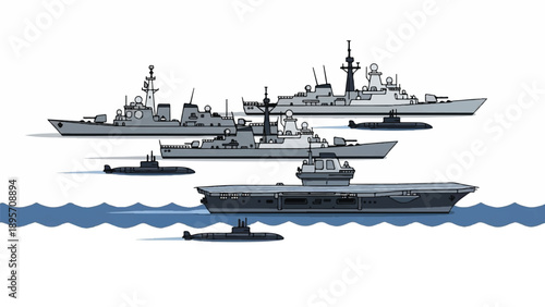 A spectrum of naval warships and vessels forming a powerful fleet on a calm blue sea with carriers, destroyers and battleships in formation.