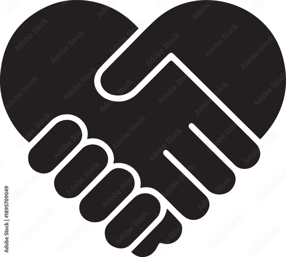 Fototapeta premium Black vector handshake in heart-shaped icon, partnership and agreement symbol, isolated on white