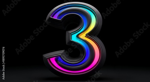 Wallpaper Mural Dark Metallic Number Three with Vibrant Neon Rainbow Lighting Effects Isolated on a Black Studio Background Number Three Metallic Design with Torontodigital.ca