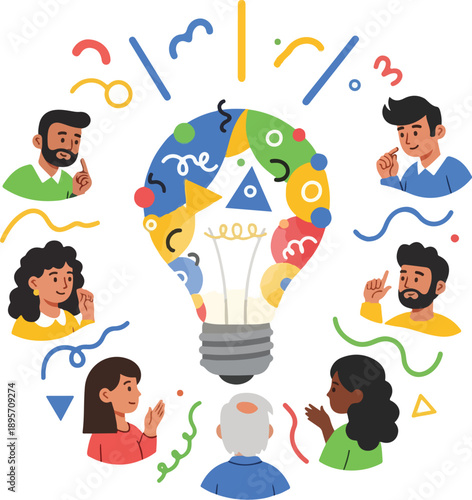 A diverse group of people gathered around a colorful lightbulb with creative symbols, celebrating World Creativity and Innovation Day with excitement and inspiration. Perfect for creativity