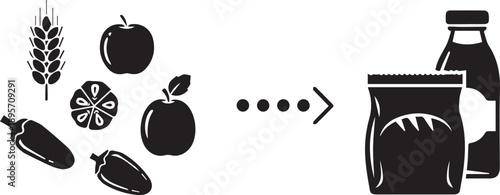 Food production process vector icon. Raw ingredients to packaged goods, wheat, apples, peppers, citrus, bread, milk bottle, isolated on white