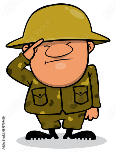World War Soldier Mascot Character Saluting. Military Army Service Man Ready for Command. Vintage Soldier Sticker and Logo Illustration