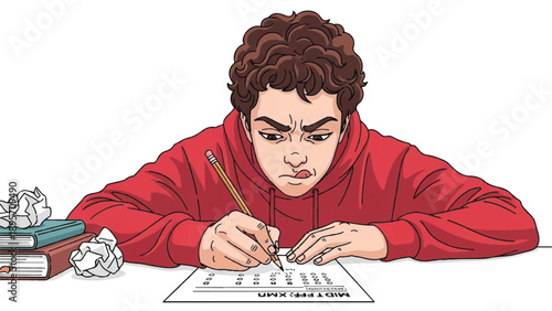 Focused and frustrated man scribbles on a sheet at a cluttered desk with crumpled papers.