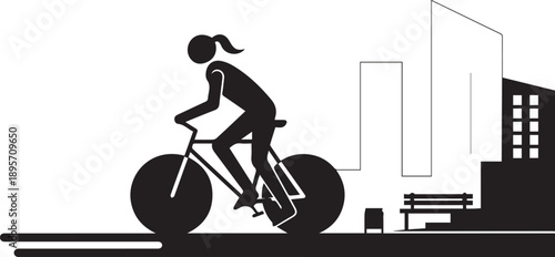 Black and white vector silhouette of woman riding bicycle in city street with buildings and bench, urban lifestyle icon isolated on white