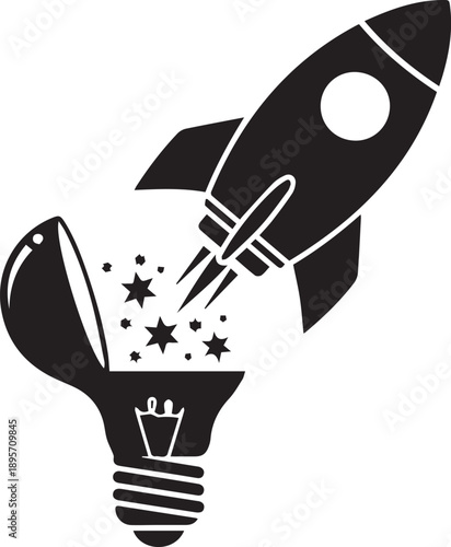 Black vector rocket launching from light bulb with stars, innovation and startup concept, isolated on white