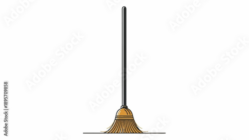 Traditional long-handled broom with straw bristles upright, a rustic cleaning tool.