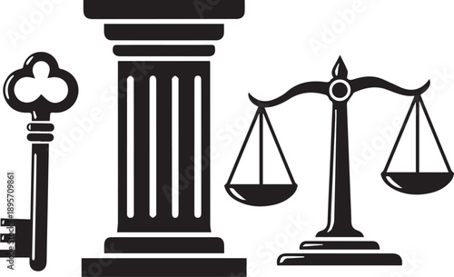 Justice key, pillar, and scales vector icon set in black and white, law and order concept, isolated on white