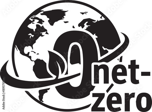 Net Zero carbon emission vector logo with Earth globe and leaf icon, black and white, isolated on white