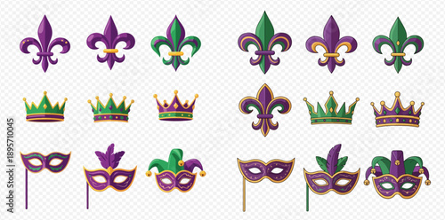 Mardi Gras celebration set with fleur de lis, crowns, and masks in purple, green, and gold colors.