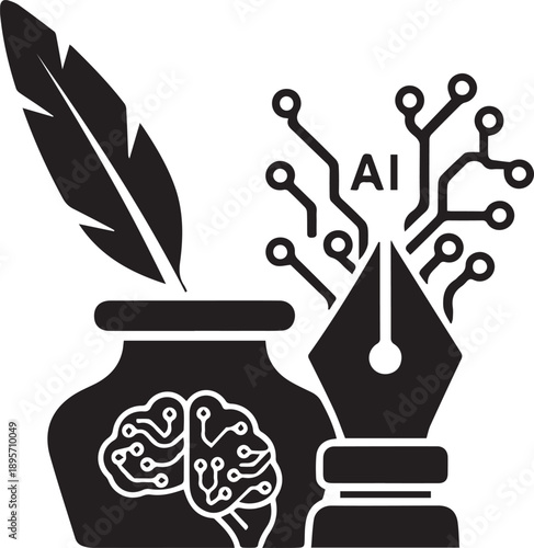AI writing and creative content generation vector icon. Quill pen, inkwell with brain circuit, and AI circuit pen nib illustration.
