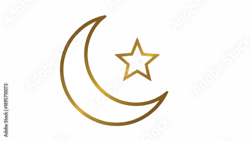 Golden crescent moon and star emblem representing Islamic symbolism on white background.
