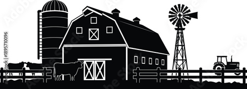 Black and white farm scene silhouette with barn, silo, windmill, tractor, cows, fence, traditional rural agricultural design