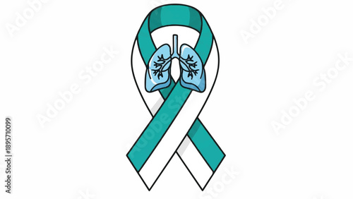 Teal and white awareness ribbon featuring lungs to symbolize lung cancer awareness and support.