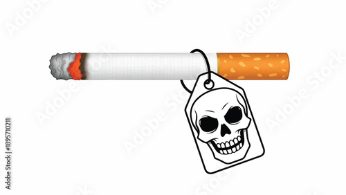 Cigarette with a Skull Tag Symbolizing Smoking Danger and Health Risks Illustration.