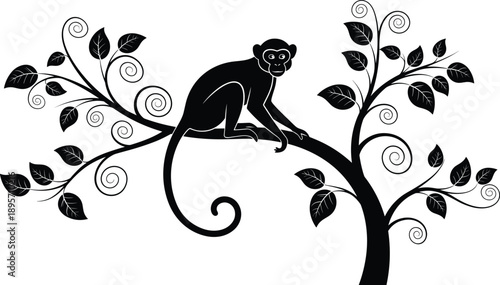 Black and white silhouette illustration of monkey sitting on decorative tree branch with swirling leaves, artistic jungle wildlife design