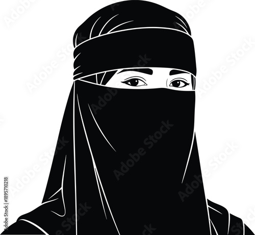 Black and white vector illustration of woman wearing niqab, traditional Islamic attire, cultural identity, modest fashion design