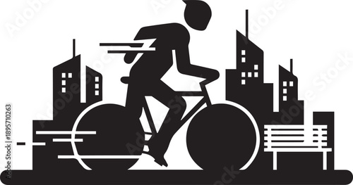 Vector black silhouette of person riding bicycle with pizza box in city skyline, urban food delivery concept, isolated on white