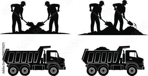 Black silhouette illustration of construction workers with shovels and dump trucks loaded with dirt symbolizing excavation, labor and heavy machinery