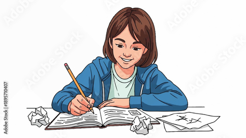 Young student concentrating on homework and taking detailed notes.