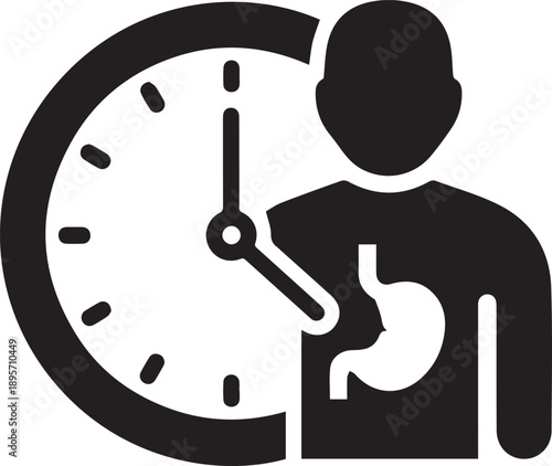 Vector icon of human figure with stomach and clock, representing digestion time, metabolism, or biological clock, isolated on white