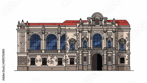 Elegant historic facade of ornate classical building featuring arches, columns, and decorative stonework.