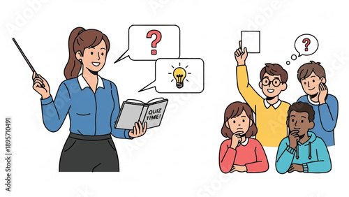 Teacher presenting lesson with students raising hands in classroom, engaging in learning.