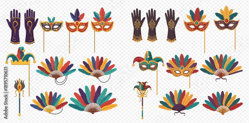 Set of colorful carnival masks, gloves, and feather fans for festive celebrations and costume parties.