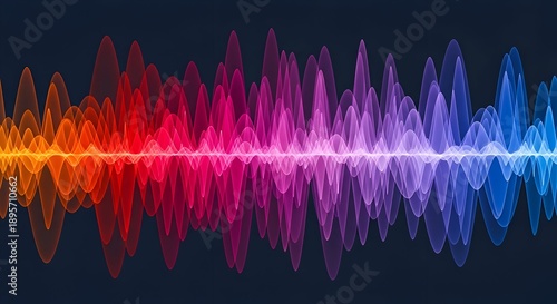 Vibrant sound wave visualization with a spectrum of colors from orange to blue set against a dark background with subtle lighting and high detail