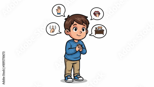 Cartoon boy imagining toys and comforts shown in thought bubbles.