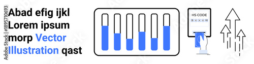 Test tubes partially filled with blue liquid, barcode scanning device, upward arrows for growth, progress. Ideal for science, technology, innovation, research, biotech education simple landing page