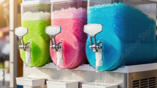 Frozen delight assortment showcases vibrant green pink and blue slushies appealing summertime