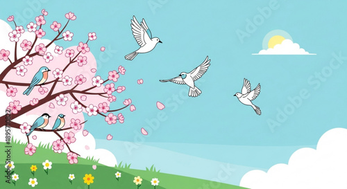 Birds fly around pink cherry blossom tree on sunny hill with flowers and clouds
