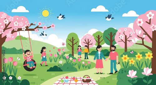 Happy family enjoying a spring picnic in a blooming garden with children playing on a swing