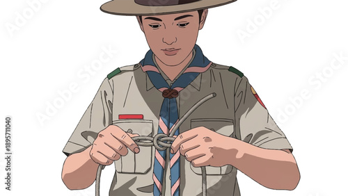 Young scout tying a neckerchief knot during outdoor scouting activity.