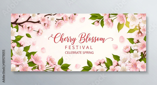 Cherry blossom festival banner with pink flowers and green leaves on white background celebrating spring