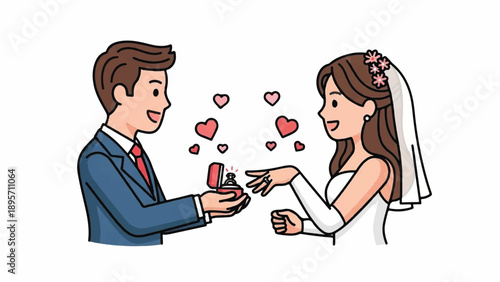 Cartoon wedding ceremony scene with a newlywed couple exchanging rings and showing joy and love.