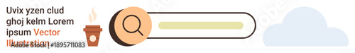 Online research, productivity tools, office work, browsing, creative ideas, search engine . A search bar with magnifying glass, coffee cup and a cloud icon. Online research and productivity focus