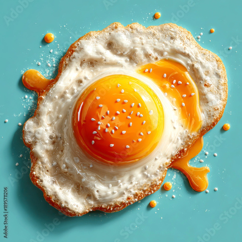 Fried egg with bright yolk and salt on blue background