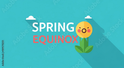 Spring equinox concept with smiling sun flower and green leaves on blue background with clouds