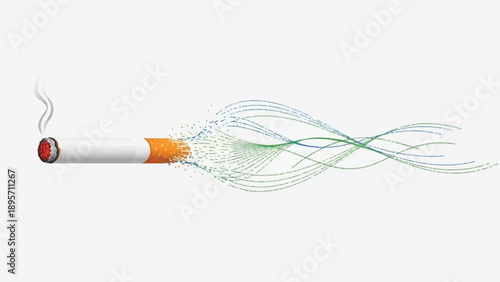A lit cigarette emits colorful wisps and smoke trails across a plain white background.