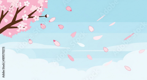 Cherry blossom tree with pink petals falling on clouds and blue sky background