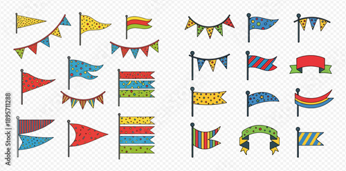 Colorful collection of festive flags, pennants, and banners for celebrations and events.