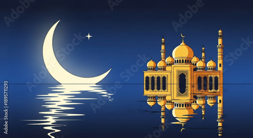 Golden mosque reflected in water under crescent moon and starry night sky with calm blue background