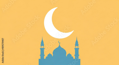 Islamic architecture silhouette with crescent moon on yellow background symbolizing faith and spirituality