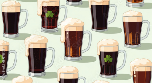 Frothy beer mugs with shamrocks on a light green background irish st patrick's day themed illustration