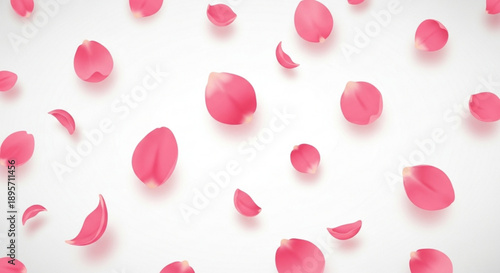 Delicate pink rose petals scattered on white background floating gently soft focus serene atmosphere romantic feel love and beauty concept