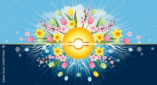 Vibrant floral explosion from yellow sphere against split blue background symbolizing spring growth and contrasting seasons