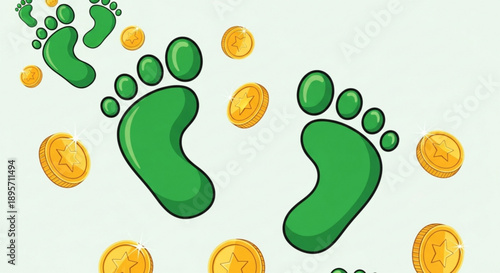 Green footprints trail through coins symbolizing eco friendly finance and sustainable growth